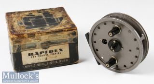 J W Young Rapidex 4” Centrepin Reel inc grey finish with black foot, twin handles, check switch to