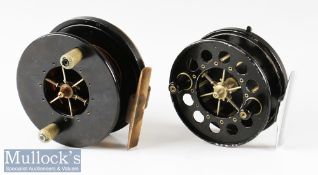 Allcocks 4” bakelite sea reel with crack to rear, brass support to back, on/off check, brass foot,