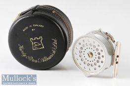 Hardy Bros England 2 1/” Bougle modern fly reel with raised pillar, smooth alloy foot, strapped