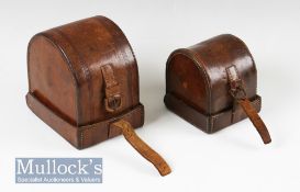 Large unnamed leather D block reel case internally measures 4 ½” length, 2 ¼” width, green lining,