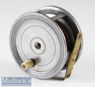 Fine C Farlow London 4 ½” alloy salmon fly reel with smooth brass foot, ‘Holdfast’ logo to back