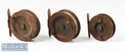 3x Wooden and metal pillar back matching narrow drum reels – 2x 3 3/8” and 1x 7/8” – all need