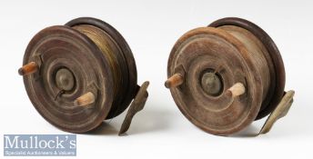 Pair of Wooden Nottingham and brass star back 4.75” trolling reels – decorative milled/turned face