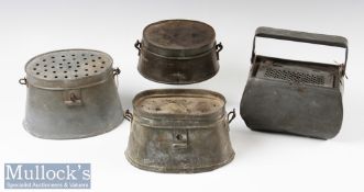 Selection of live bait kettles varying sizes and styles one marked Raveau to bottom, 3x oval