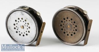 2x Hardy Bros England 3 3/8” Dup Mk II alloy fly reels one with agate line guide, ribbed brass foot,