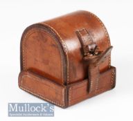 Unnamed leather D block reel case internally measures 2 ½” length, 1 ½” width, blue lining, faint