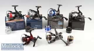 6x good modern fixed spool spinning reels – 4 boxed (6) – Taktix Karma 4000 front drag reel c/w