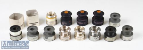 Selection of spare spinning reel spools mostly Shimano such Sedona 2500FB, Aero 2000, plus gold