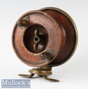 Unusual 4 ½” brass back wood side casting reel twin handles, appears unnamed, possible Bartleets,