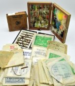 Fishing casts and flies with one wooden fly case with flies, a Malloch of Perth empty card box, plus