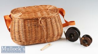 Fine English large pot-bellied wicker fishing creel, reels and landing net – good wicker creel