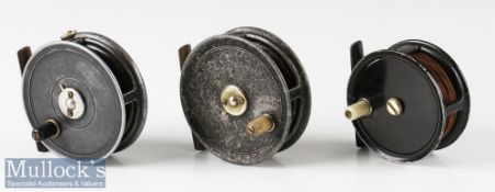 H Moore Liverpool 3 1/8” alloy fly reel with rim tensioner, smooth brass foot, together with an J