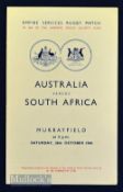 1944 Very Rare Australia v South Africa Services Rugby Programme: Billed as such, and for the