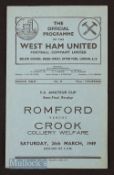 1949 FA Amateur Cup semi-final replay Romford v Crook Colliery Welfare at West Ham Utd, 4 page.
