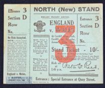 Rare Rugby Ticket, 1938 Wales v England: Wales won 14-8 in England’s last pre-WW2 visit. The usual