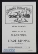 1951 Festival of Britain Blackpool v Stade Rennais 14 May 1951 at Bloomfield Road, single sheet.
