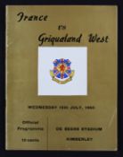 V Rare Griqualand West v France 1964 Rugby Programme: to include added team sheet for the visit of