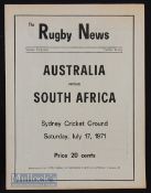 1971 Australia v S Africa 1st Test Rugby Programme: Springboks won the series 3-0. This is Sydney’