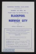 1961/62 Football League Cup semi-final Blackpool v Norwich City 16 April 1962, single sheet. Good.