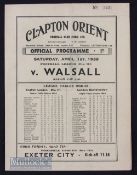 1938/39 Clapton Orient v Walsall Div 3 match programme 1st April 1939. Slight crease