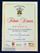 2010 Tribute to John Dawes Rugby Dinner Menu: 20pp stiff-covered, glossy-paged colourful menu with