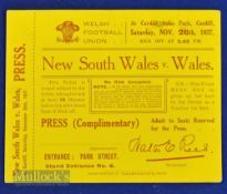 Rare Rugby Ticket, 1927 Wales v NSW: Immaculate Complimentary Press Ticket for the 18-8 win by the
