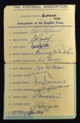 Signed England 1953 Team Sheet featuring Merrick, Ramsey, L Smith, B Wright, M Barrass, J Dickinson,