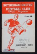 1960/61 Football League Cup semi-final Rotherham Utd v Shrewsbury Town. Fair, has name on front.