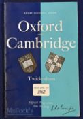 Signed 1962 Varsity Match Rugby programme: Neat crisp standard Varsity match Twickenham offering,