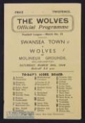 1945/46 War league south Wolves v Swansea Town 30 March 1946 4 pages, pocket fold, score on cover.