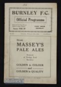 1938/39 Burnley v Millwall Div 2 match programme 25 February 1939, number on cover, score & half