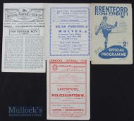 1946/47 Wolves away match programmes at Arsenal, Brentford, Bolton Wanderers, Liverpool. Fair. (4)