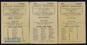 1946/47 Wolves home match programmes v Liverpool, Derby County and Brentford. Fair. (3)