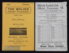 1945/46 War League south Wolverhampton Wanderers v Millwall 6 October & reverse fixture Millwall v