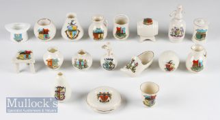 18 Assorted Golfing Related Crested Ware Ornaments incl bramble ball, golfer standing on ball,