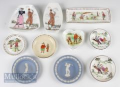 Selection of Golfing Ceramic Dishes (10) incl 2 Wedgwood Jasperware, 2 Crown Staffordshire dishes in