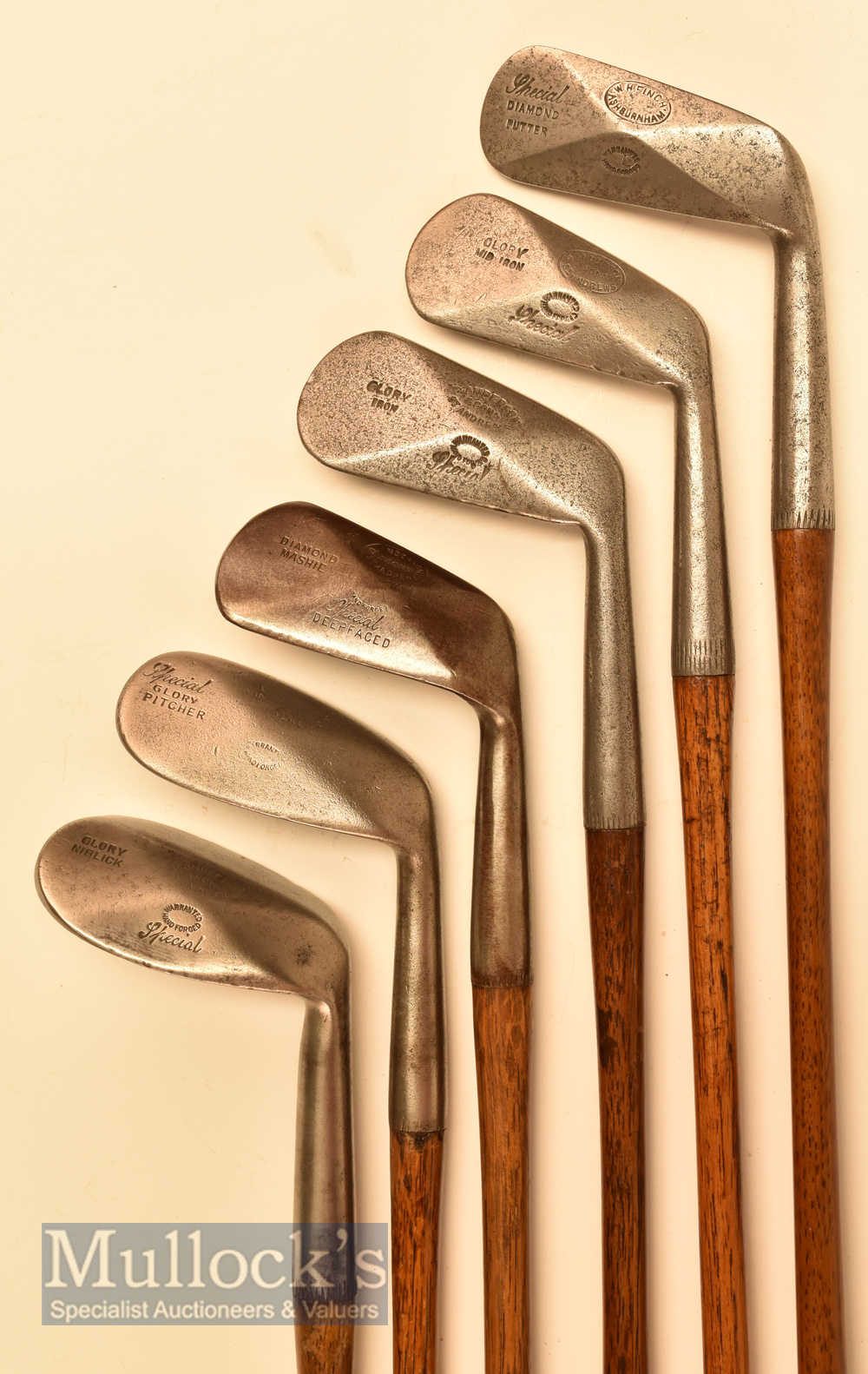 6x Unusual and interesting Glory Diamond backed irons and putter by Anderson and Sons St Andrews