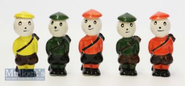 5x Carlton Ware Dunlop Style Caddie Golfing Figures – various coloured hand painted glazed