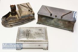 Golfing Design Desk Cigarette Boxes (3) one silver plated with golf club and ball design, another