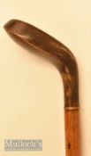 Large brown stained drop toed golf walking stick stamped with the initials TF to the crown