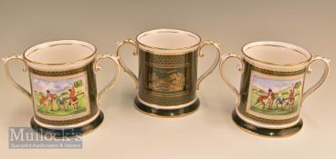 3x Spode Ceramic Antique Golfing Scene Twin Handled Tankards each having golfing scene taken from an