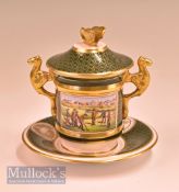 Late Spode “Antique Golfing Scenes” series ceramic chocolate cup, saucer and lid taken from early