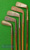 5x Various putters including Wright & Ditson US straight blade; a putting cleek showing the Rifle