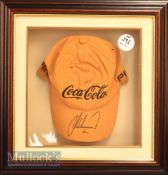 Lee Westwood Signed golf cap display featuring a Ping/Coca Cola cap with signature in black to peak,