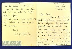 Bobby Locke signed hand written letter dated 29th Jan 36 sending thanks for a telegram single sheet,