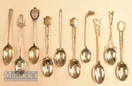 10x Assorted Hallmarked Silver Golf Teaspoons most having golf club design handles incl Largs,