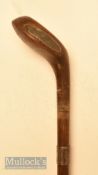 Wooden driver head styled browned stained persimmon golf walking stick with ivorine horn slip,