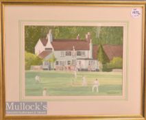 Norman Berisford 2011 Cricket Scene Watercolour painting with pub to background, framed measures
