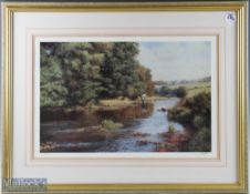 Frank Wright Signed limited edition print depicts river fishing scene, number 349/500, framed,