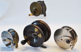 4x interesting late 20th c reels – Vic 2 5/8” wide drum brass crank wind reel with raised check